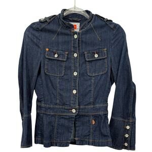 Boss Hugo Boss Denim Jacket Womens SZ 6 Blue Peplum Military‎ Chic Utility Y2K